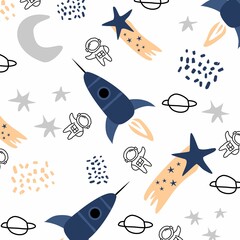 Hand-Drawn Space Pattern with Astronaut, Rocket, Stars, and Planets