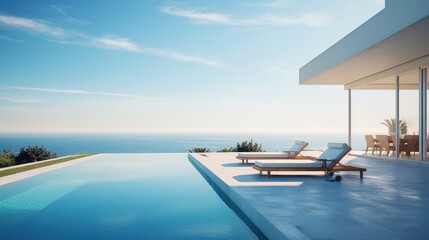A minimalistic modern building with a swimming pool in front, surrounded by outdoor furniture and shaded by clouds in the azure sky. A perfect property for real estate