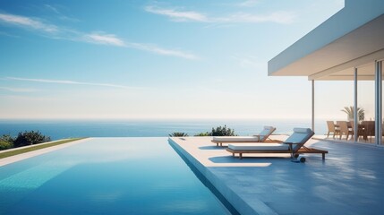 Fototapeta premium A minimalistic modern building with a swimming pool in front, surrounded by outdoor furniture and shaded by clouds in the azure sky. A perfect property for real estate