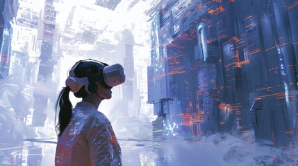 Futuristic cityscape with a woman in VR headset, ideal for technology and gaming events