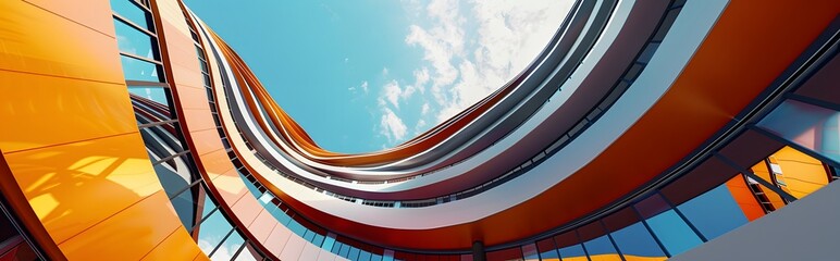 Modern architecture with vibrant colors and curved design, ideal for urban development themes, wide banner.