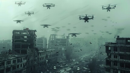 Futuristic cityscape with drones: a moody cyberpunk-inspired digital artwork