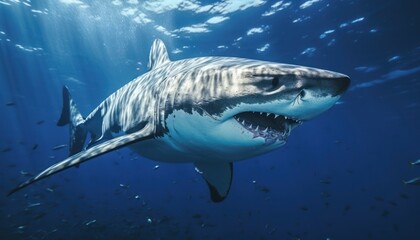 Fototapeta premium The great White Shark in the ocean, portrait of White shark hunting prey in the underwater
