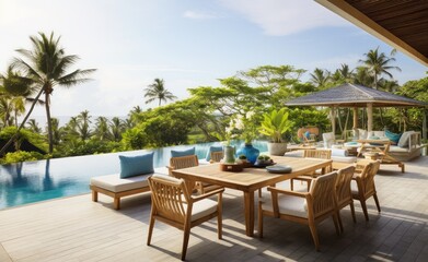 Fototapeta premium A minimalistic modern building with a swimming pool in front, surrounded by outdoor furniture and plants. Ocean and azure sky at the background. A perfect property for real estate