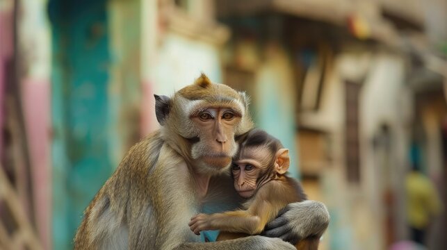 A mother monkey and her baby were spotted in the street where the little one was happily nursing straight from her mother s breast