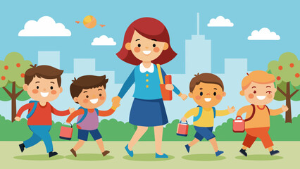 happy children going to school with their mother cartoon vector illustration