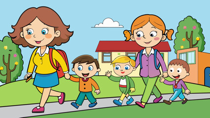 happy children going to school with their mother cartoon vector illustration