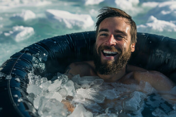 A man using an ice plunge pool bath for recovery after sports exercise