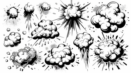 Comic cartoon line bomb explosion. Doodle fight boom and bang effects, black pop drawn explosive elements, explose clouds, sketch shapes. Vector set 3D avatars set vector icon, white background, black