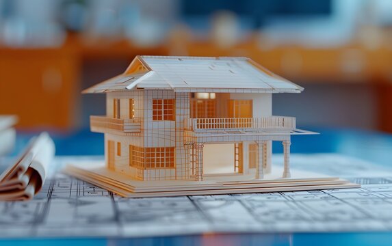 Intricate Asian architecture model on blueprint backdrop