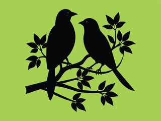 Two Birds sitting on a tree branch Silhouette Vector