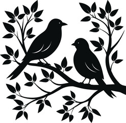Two Birds sitting on a tree branch Silhouette Vector