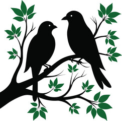 Two Birds sitting on a tree branch Silhouette Vector
