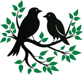 Two Birds sitting on a tree branch Silhouette Vector