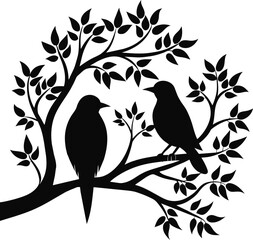 Two Birds sitting on a tree branch Silhouette Vector