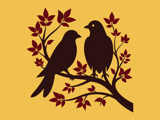 Two Birds sitting on a tree branch Silhouette Vector