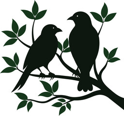 Two Birds sitting on a tree branch Silhouette Vector