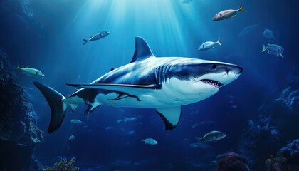 Naklejka premium The great White Shark in the ocean, portrait of White shark hunting prey in the underwater