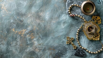  Sacred Ritual: Luxury Stone Background with Orthodox Rosary and Censer