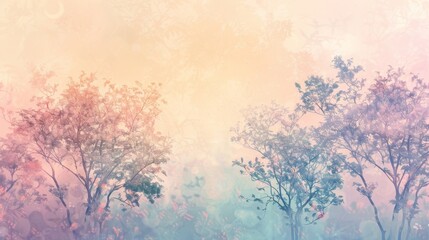 A painting of a forest with trees and flowers