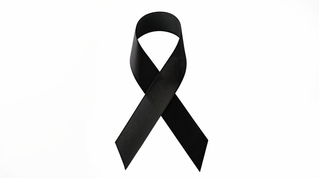 Black awareness ribbon on a subtle white background, often used to signify mourning or remembrance, as well as support for anti-terrorism.
