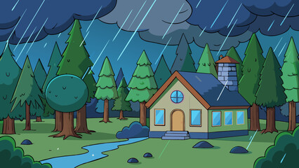 night rainy landscape with forest village house cartoon vector illustration