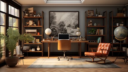 Plan a vintage-modern fusion home office with retro elements and contemporary technology