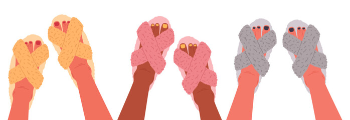 Feet wearing domestic slippers. Female home footwear, feet with cute pedicure in fluffy house shoes flat vector illustration set. Cozy faux fur indoor shoes
