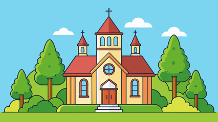 with church and green trees cartoon vector illustration