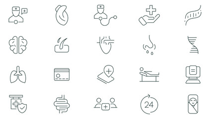 Medicals and Health Care line icons set. Healthcare, medical, medicine, check up, doctor, dentistry, pharmacy, lab, scientific discovery icons collection. Outline icon collection.