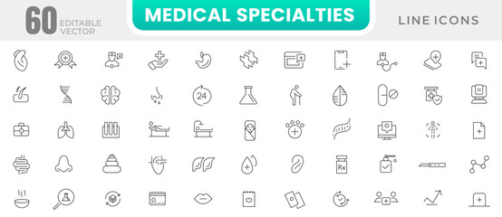 Medicals and Health Care line icons set. Healthcare, medical, medicine, check up, doctor, dentistry, pharmacy, lab, scientific discovery icons collection. Outline icon collection.