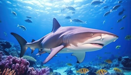 Fototapeta premium The great White Shark in the ocean, portrait of White shark hunting prey in the underwater