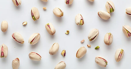 Pattern of pistachio nuts arranged and isolated on a white background banner