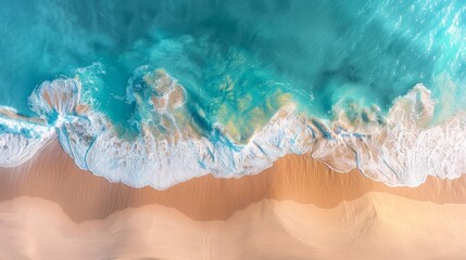 Fototapeta premium Natural beach scene from above, showcasing the interaction of soft sand with clear blue water waves, ideal for holiday wallpapers
