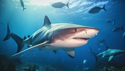 The great White Shark in the ocean, portrait of White shark hunting prey in the underwater