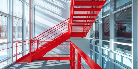 The metal emergency staircase, painted in a bright red colour, occupies a prominent position in a...