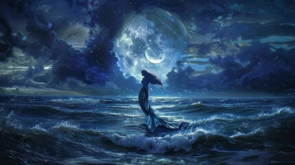 Magical moonlit night with ethereal woman by the ocean for fantasy and mystery themes