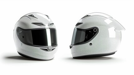 This set collection showcases sleek white motorcycle carbon integral crash helmets, meticulously isolated against a pristine white background. Representing motorsport, car racing, kart racing