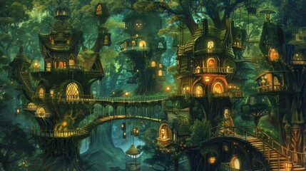 Magical treehouse village in an enchanted forest for fantasy-themed event design