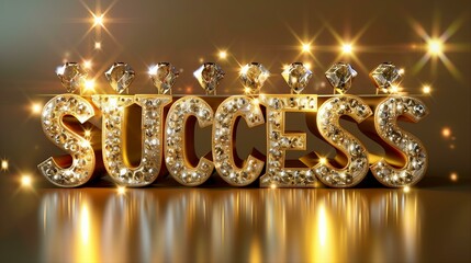 gold metallic 3d letters bedazzled with diamonds in shape of text "SUCCESS" gold background