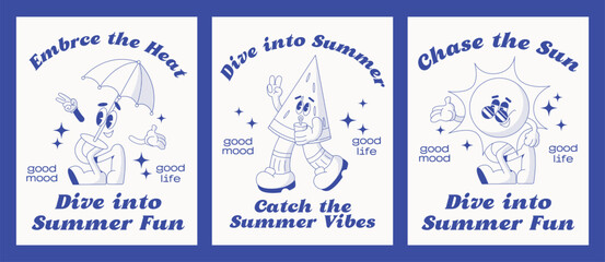 Retro cartoon walking smiled summer vintage groovy characters poster set. Sun, Ice cream, cocktail, watermelon, lifebuoy. Retro character, hippie 70s style. Vector illustration isolated on background