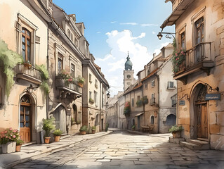 Fototapeta premium Historic European street with cobblestone path