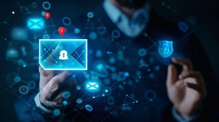 In a depiction of modern business communication, a businessman is shown with a virtual notification bell alert hovering nearby, symbolizing incoming notifications from various applications. 