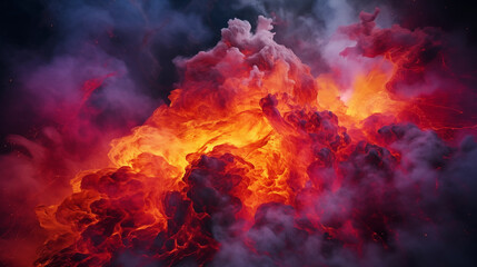 A billowing plume of colorful smoke rising from a volcanic eruption at night, illuminated by the fiery glow of molten lava.