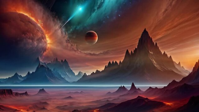 Beautiful Terrifying Alien World Landscape 4K Loop features an A.I. generated video of an alien planet with a moon in the sky and animated clouds in a loop.
