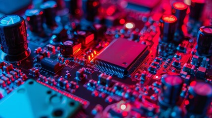 Close-up of a computer circuit board with a glowing pink processor.