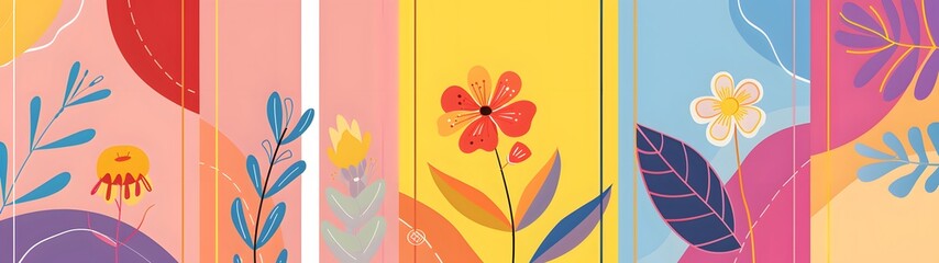 Colorful abstract botanical illustration in rainbow hues, wide banner.