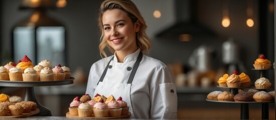 woman in chef uniform holding a tray full of assorted cupcakes. The cupcakes are exquisitely decorated, showing different colors and toppings.