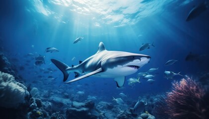 Fototapeta premium The great White Shark in the ocean, portrait of White shark hunting prey in the underwater