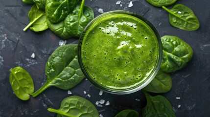 A green smoothie with spinach or other green vegetables and fruits. Light grey background, top view.